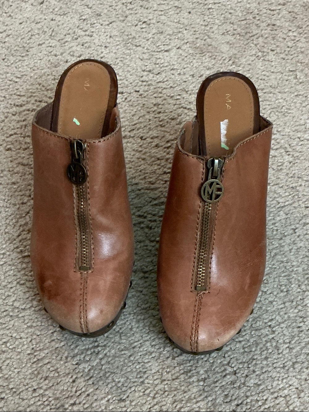 Marc Fisher Tan Leather Zip-Front Mule Clogs